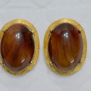 Vintage Selini Faux Amber Brown Oval Cabochon Oversize Button Clip Earrings